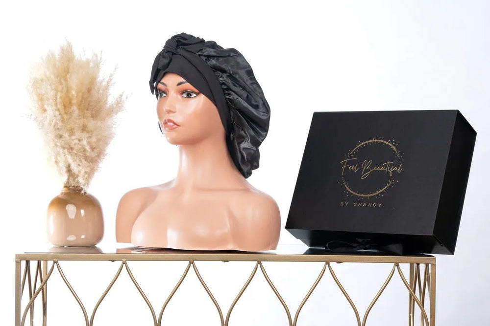 Black Satin Bonnet Long Satin Scarf Tie Front